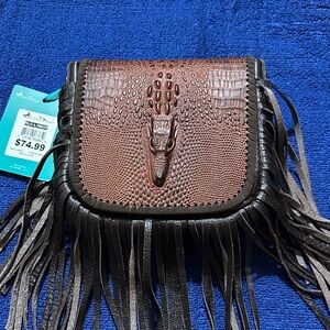 Fringe Croc-Embossed Leather Crossbody Bag - Brown
